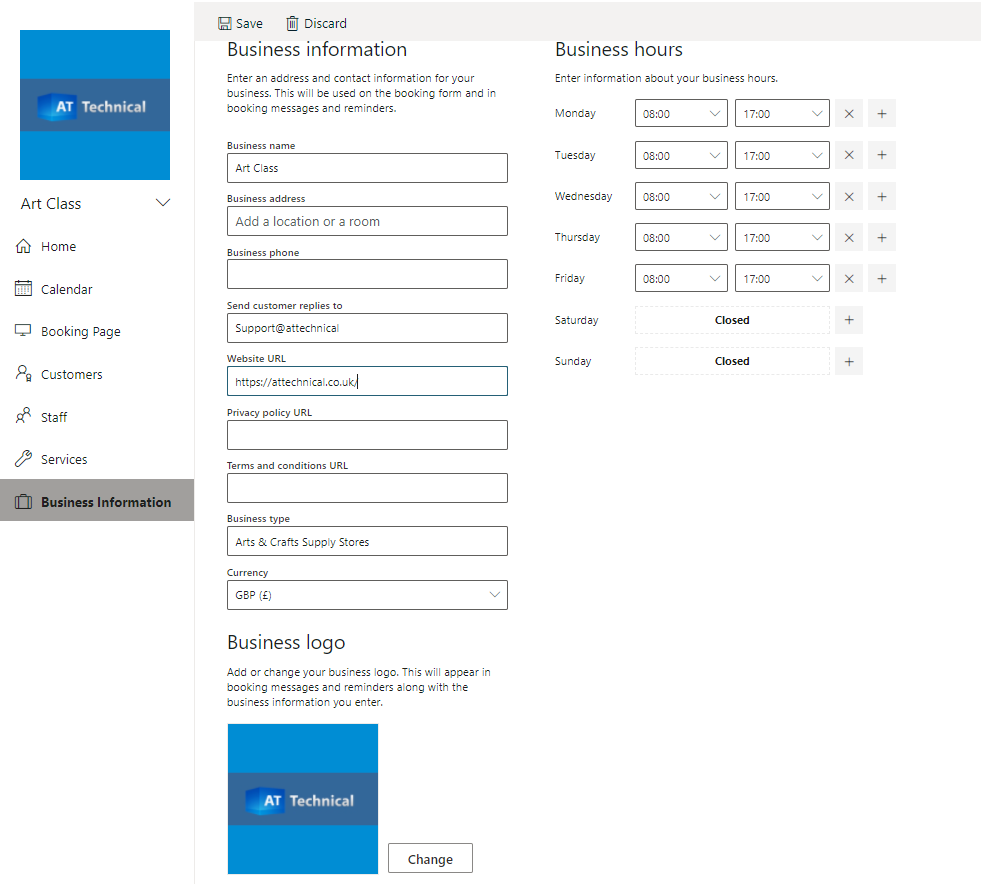 Setting Business information Bookings O365