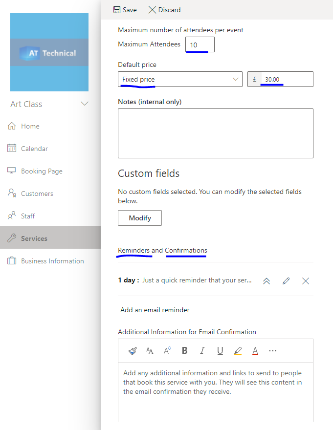O365 Booking Services price and custom notifications