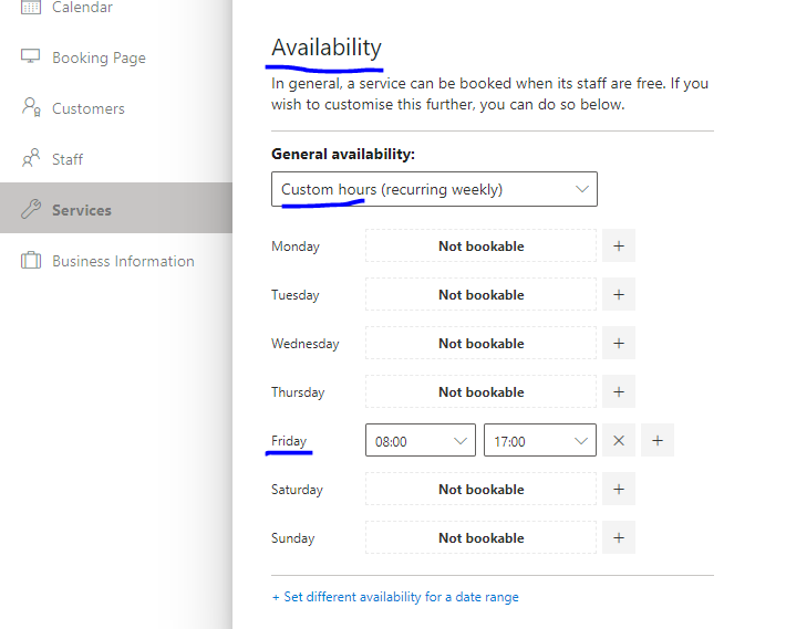 O365 Bookings Setting availability