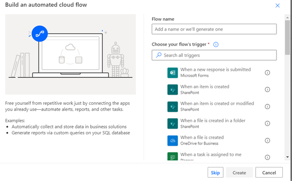 building a power automate flow