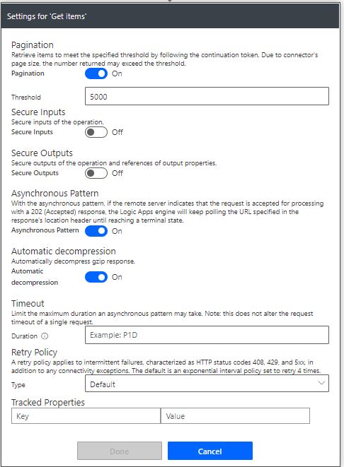 Pagination Settings Get items sharepoint connector