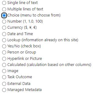 SharePoint List column options