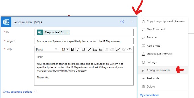 Configuring power automate run after settings