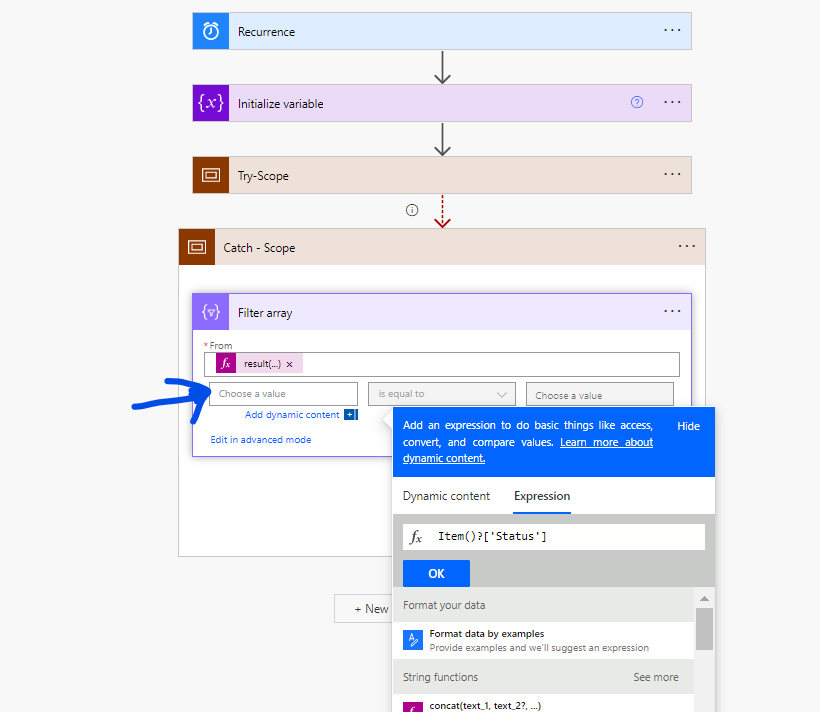 Power automate, flow to Get the Status with this expression