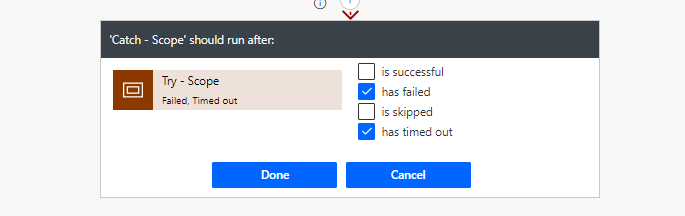 Setting the Catch scope to only run when the try scope has a failure