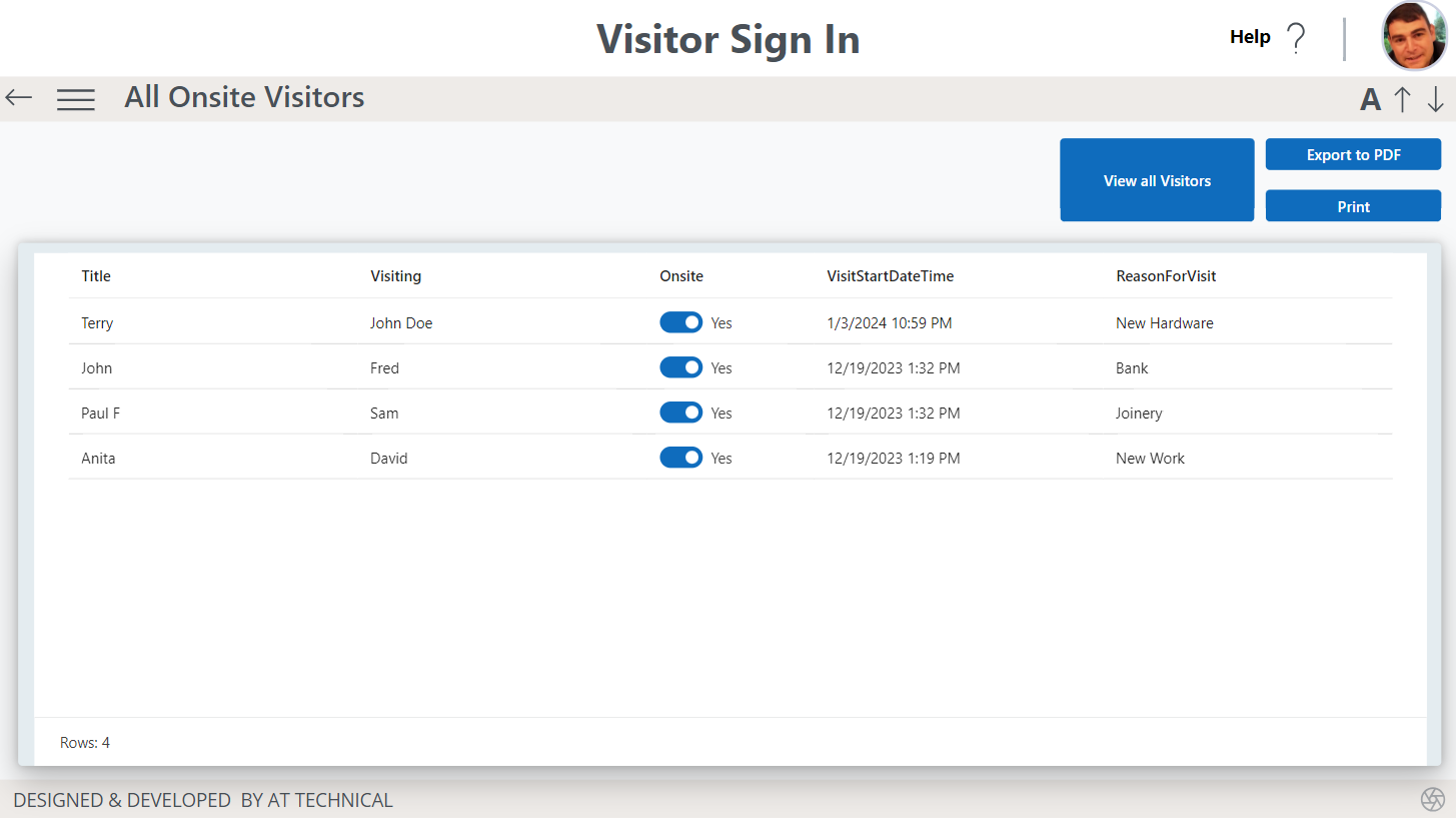 Visitor Sign in Power app Dashboard Page