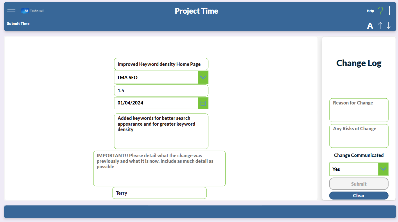 Project time app - with integrated change log