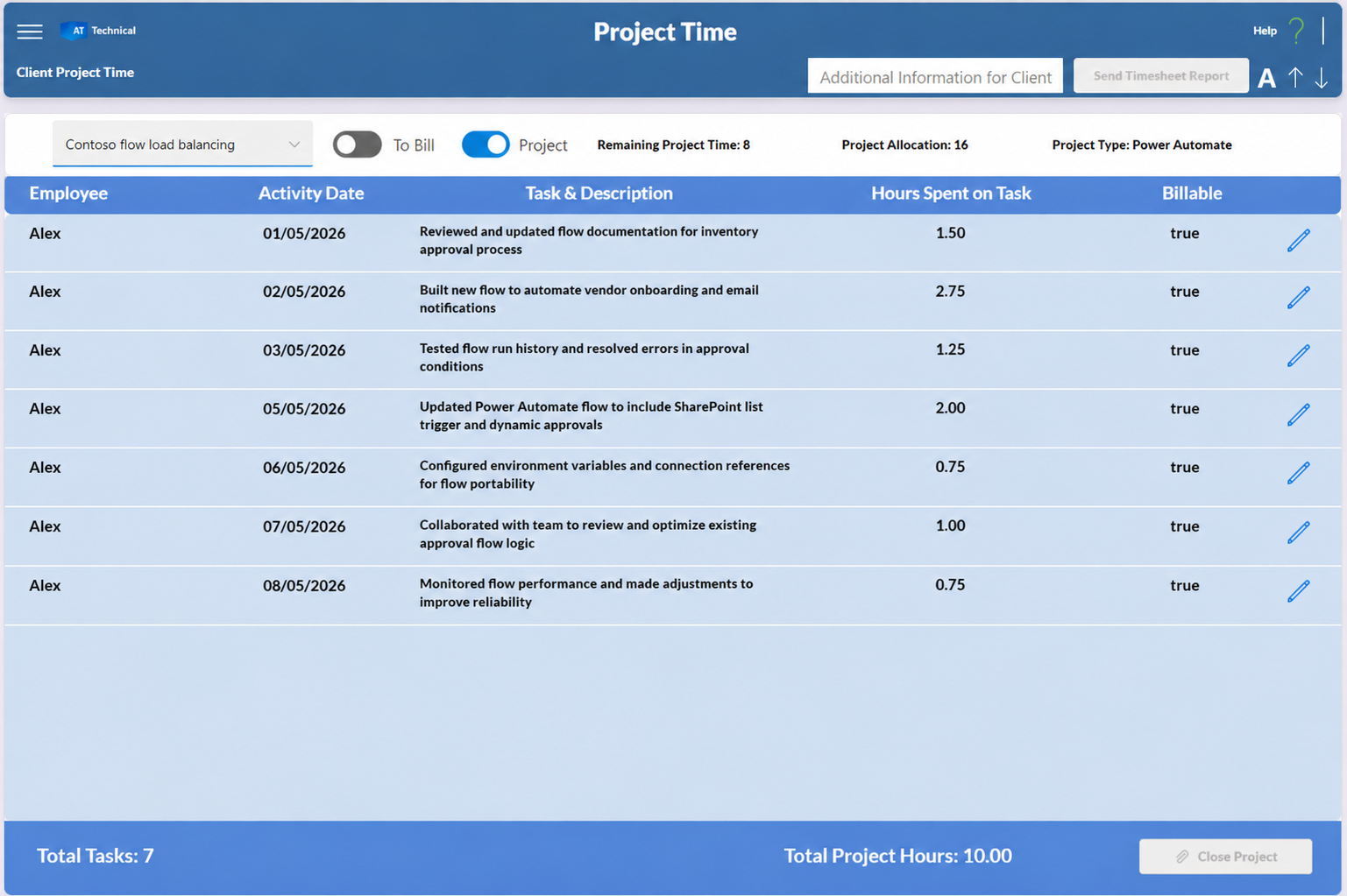 PowerApps Project Time Tracker - Project Management View